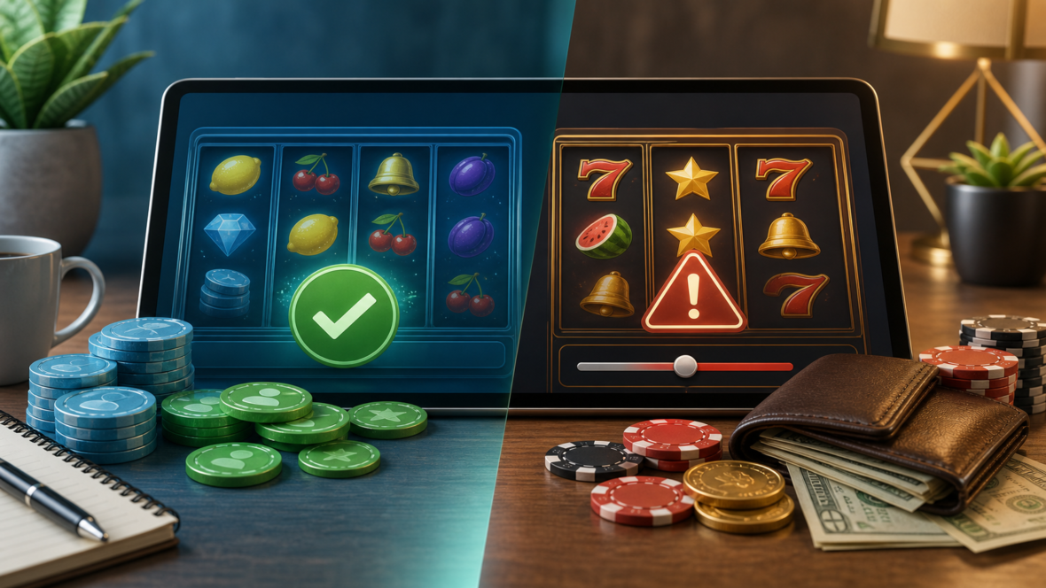 Split screen showing demo slot credits on one side and real money slot risk controls on the other
