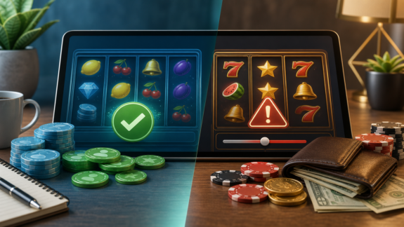 Split screen showing demo slot credits on one side and real money slot risk controls on the other