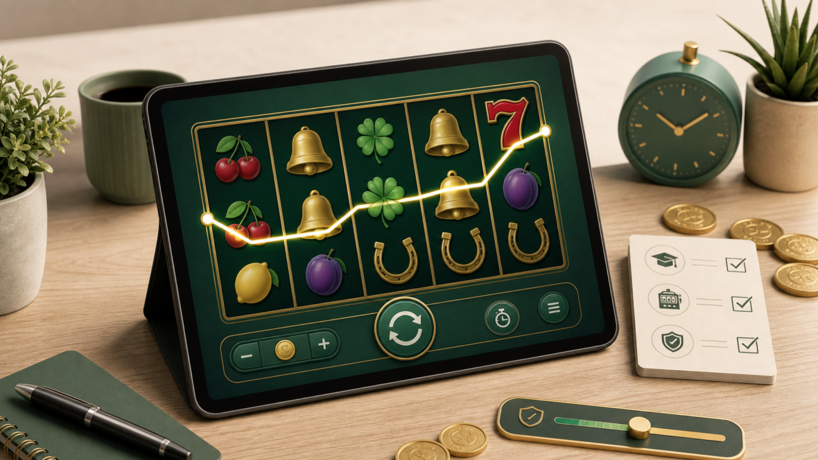 Tablet showing an online slot demo with a payline, checklist, timer, and responsible play controls