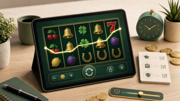 Tablet showing an online slot demo with a payline, checklist, timer, and responsible play controls